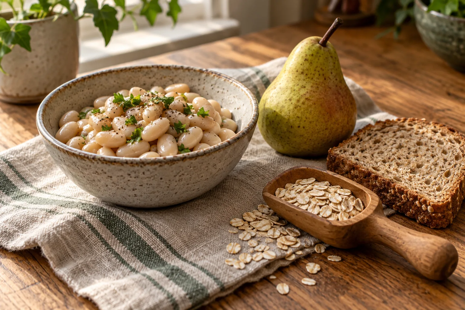 White beans, oats, a pear and whole-grain bread arranged on a warm wooden table.