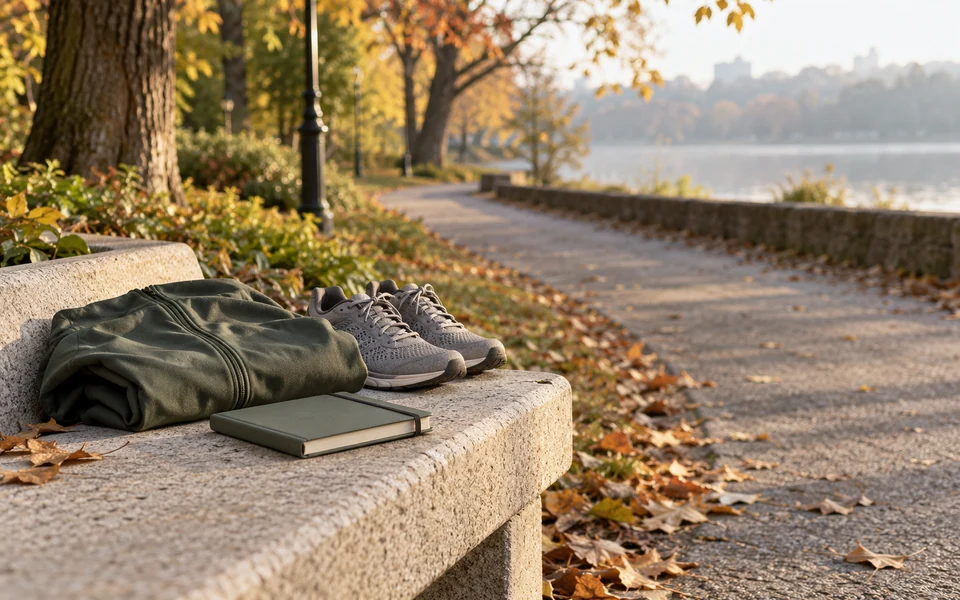 Running shoes, a closed exercise diary and a jacket on a park bench illustrate the practical routine of activity maintenance.