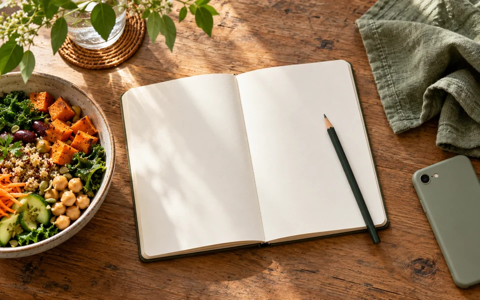 A blank meal journal, pencil and face-down phone sit beside a bowl of vegetables and beans.