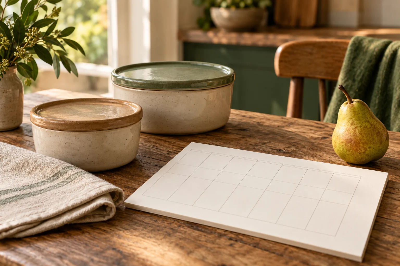 Two closed ceramic food containers, a blank planner and a pear on a wooden table.