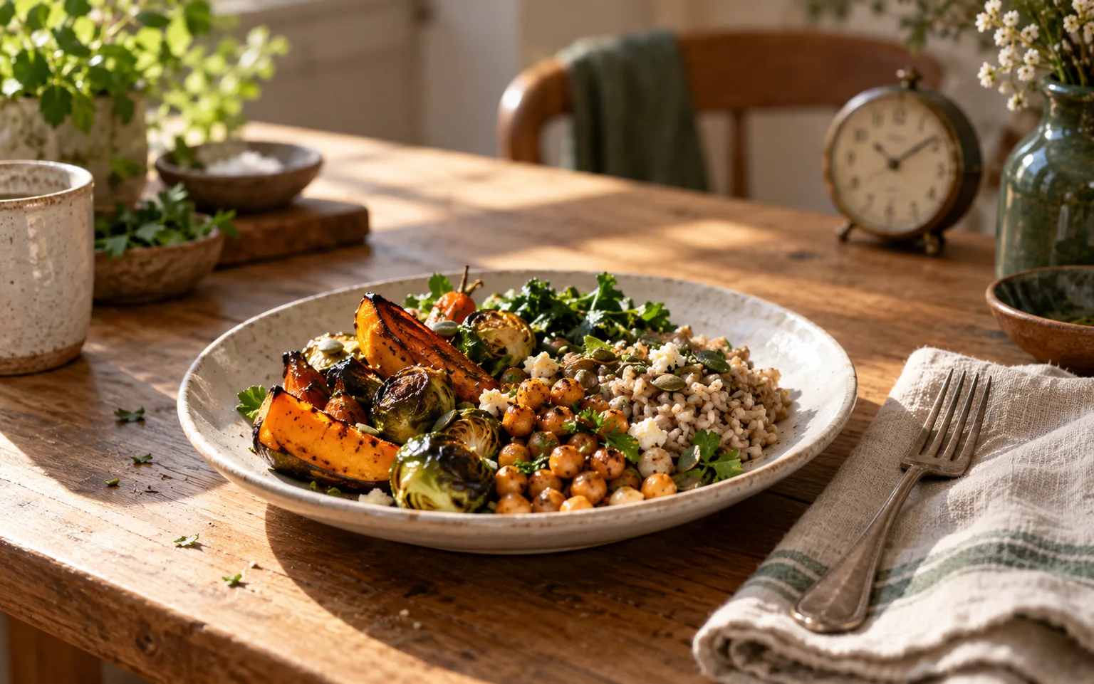 A grain and vegetable meal on a warm kitchen table with an out-of-focus clock behind it.
