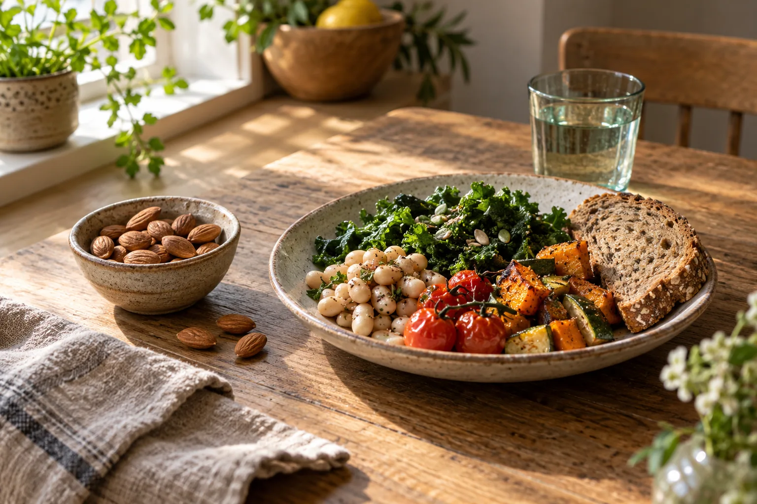 A small bowl of almonds beside an ordinary lunch on a sunlit wooden table.