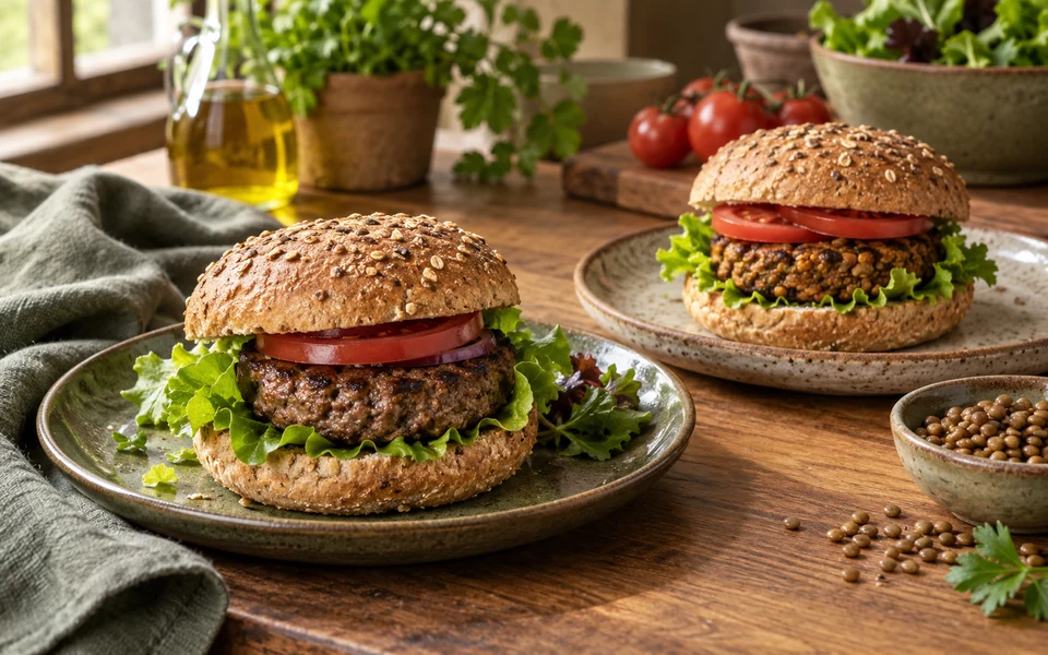 Two sandwich lunches on ceramic plates illustrate meat and plant-based purchasing alternatives.