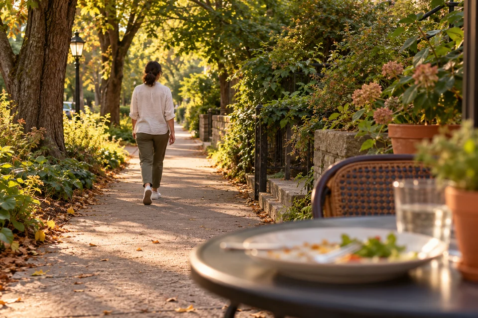 An adult walks along a leafy path beside a cafe table after a meal.