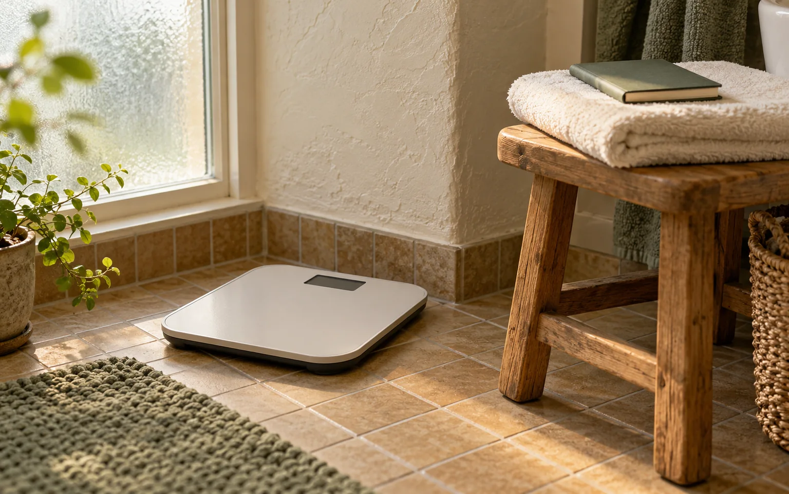 A bathroom scale with its screen off beside a towel and closed notebook.