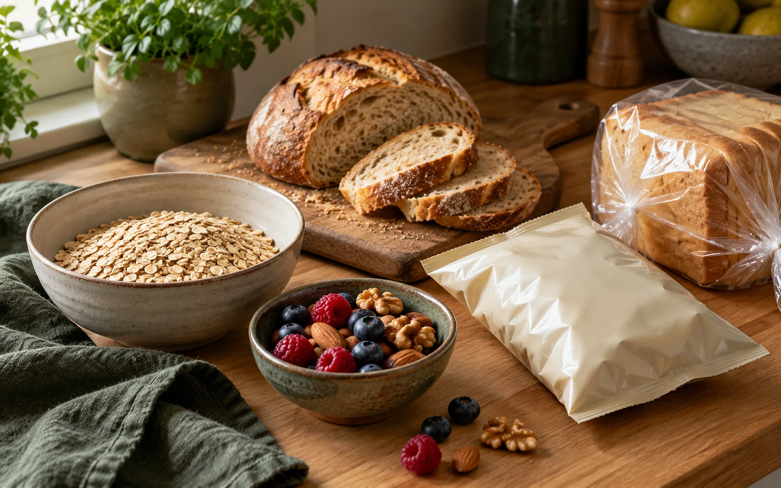 Unbranded packaged foods beside oats, bread and berries on a warm kitchen counter.