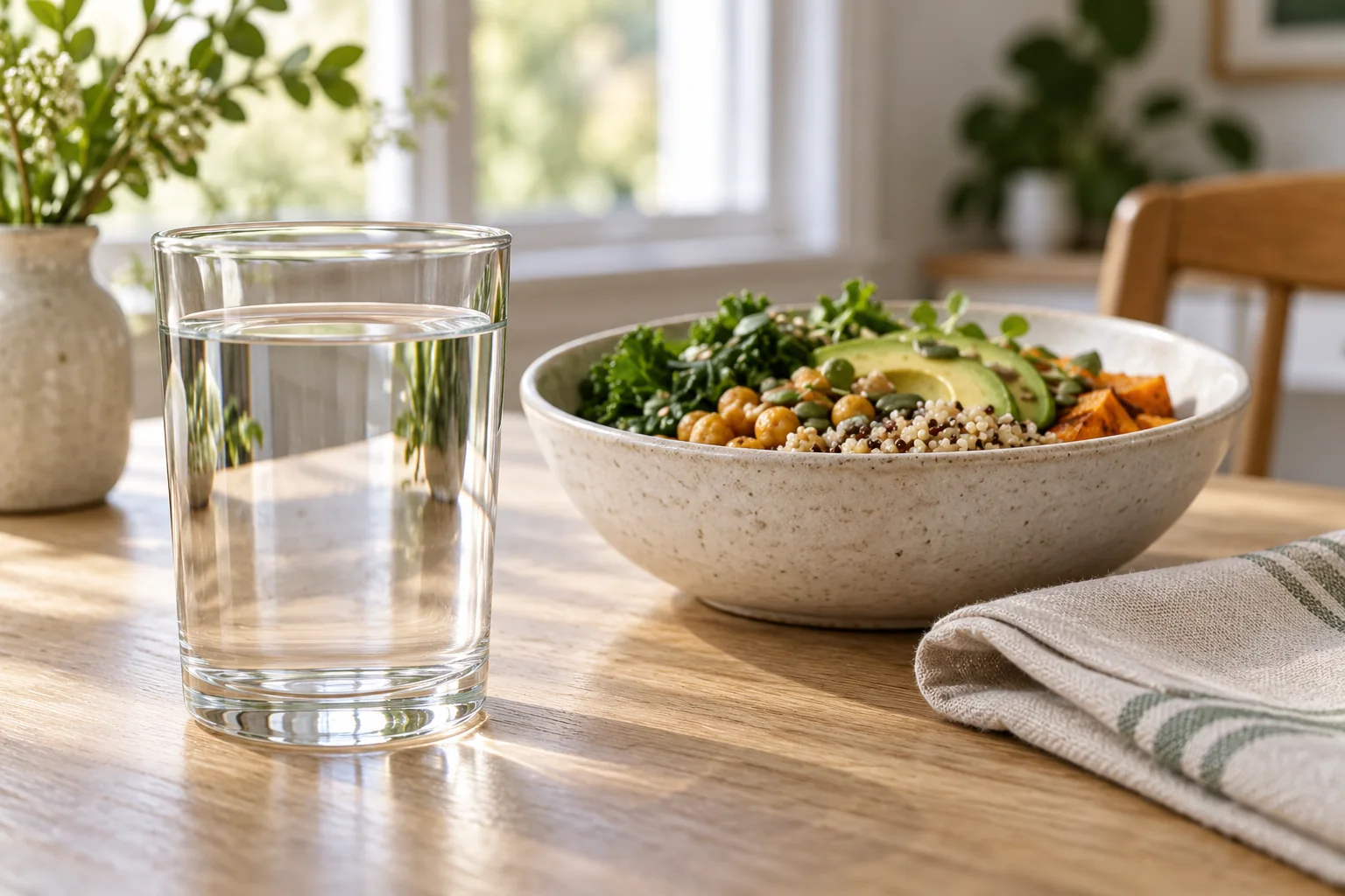 A plain glass of water beside a vegetable and grain lunch bowl.