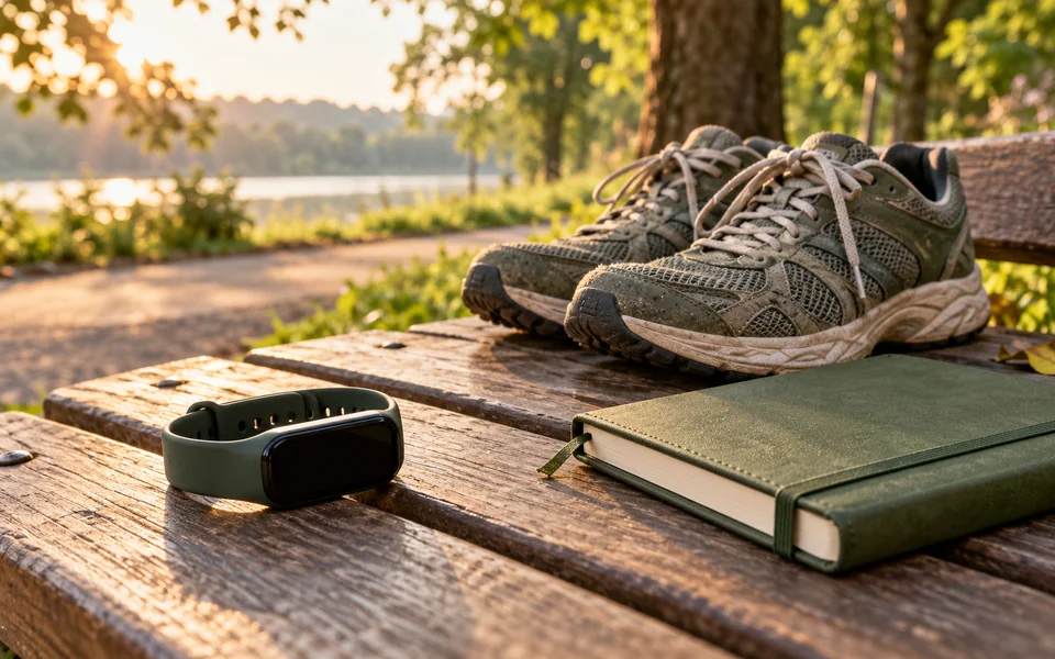 A fitness wristband with a blank screen sits beside walking shoes and a closed notebook.